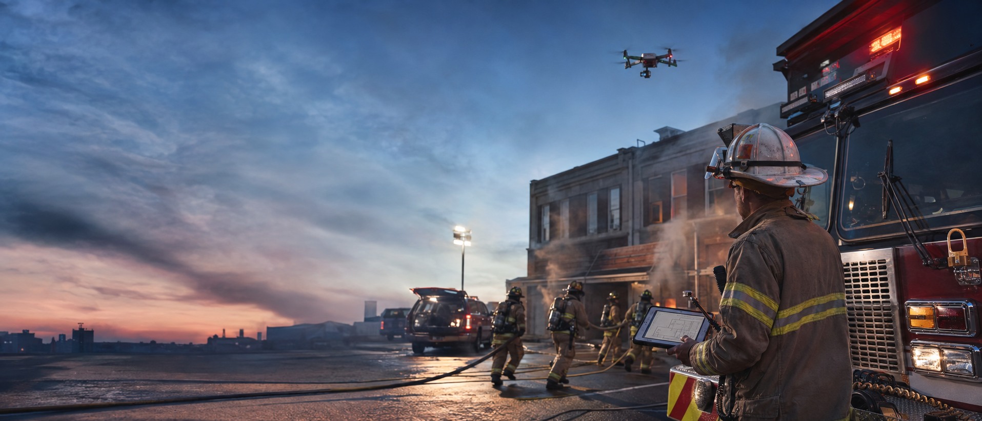 Firefighters in structural turnout gear working a commercial building fire at dusk while a command officer reviews building intelligence on a tablet and a small quadcopter provides overhead reconnaissance.