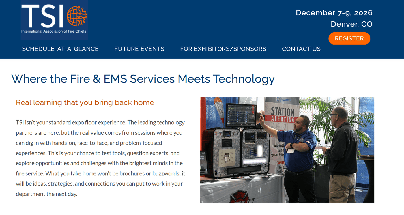 The Technology Summit International website: the IAFC's TSI banner with the dates and host city, the line "Where the Fire & EMS Services Meets Technology", and a photograph of two firefighters at a station alerting display on the show floor.